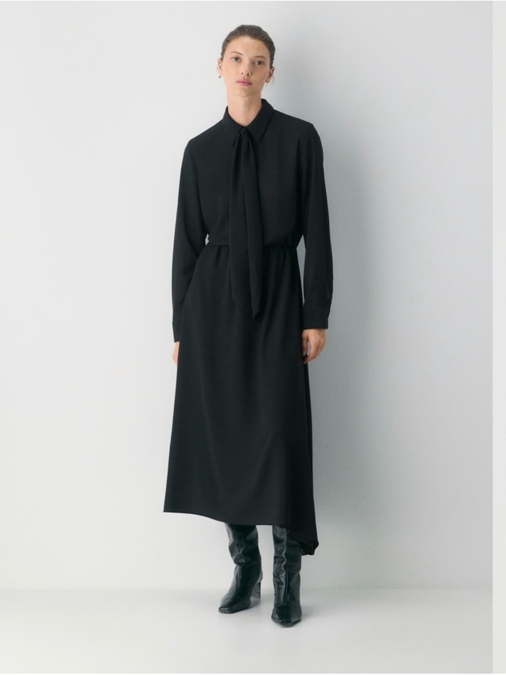 Aritzia Black Long-Sleeve Tie-Neck Maxi Dress